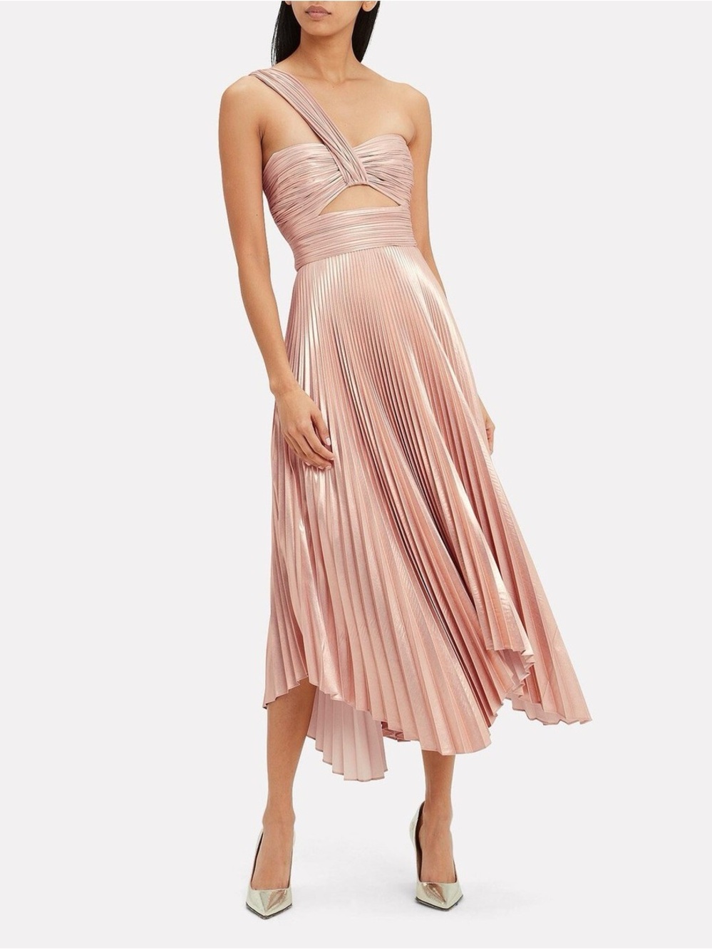 A.L.C. One-Shoulder Pleated Midi Dress in Rose Gold - Picture 2 of 5